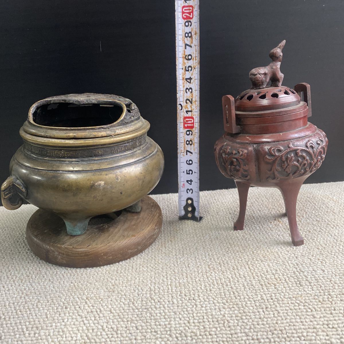 中国 古銅青銅 双耳四つ足香炉 V R7491 中国 古銅青銅 双耳四つ足香炉