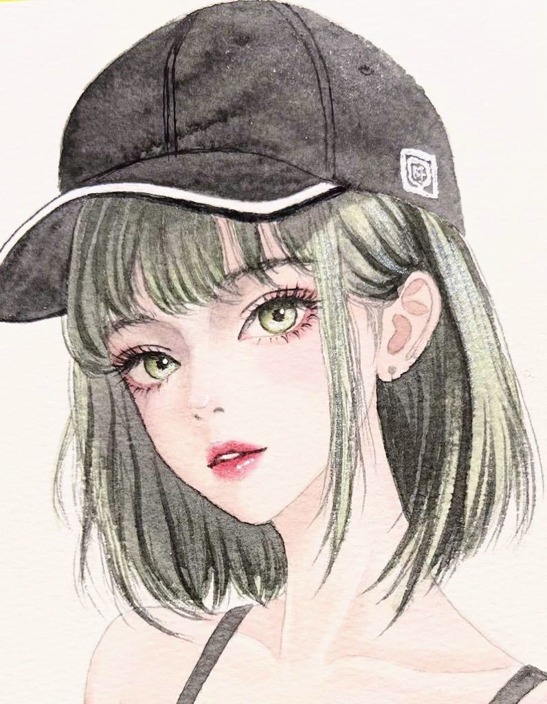 sample手描きイラスト 水彩画 原画 迷彩タンクトップの女の子 sample