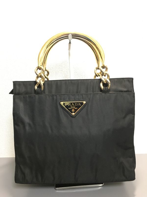 PRADA プラダ メタルハンドル ナイロン ハンドバッグ ブラック