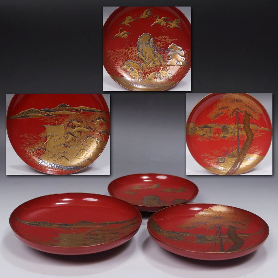 EM258 時代蒔絵 黒漆/朱漆塗 柳金蒔絵盃台 盃添 一組 高8cm 総重110g