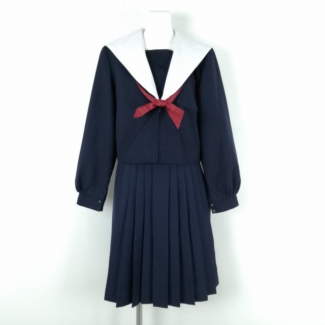 1円 セーラー服 スカート スカーフ 上下3点セット 大きいサイズ カンコー 冬物 女子 学生服 中学 高校 紺 制服 中古 ランクC EY8512