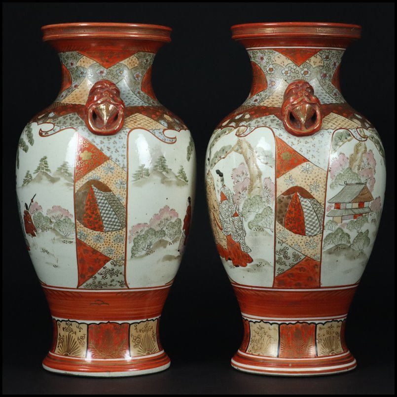 奇】豪華絢爛 明治期 伝統工芸 九谷焼 赤絵 金襴手 金彩色絵人物風俗画