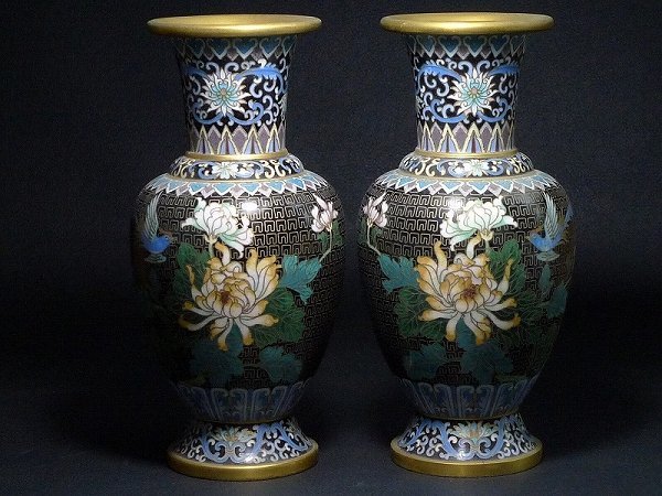 △801968*10△中国美術・銅胎七宝焼・鳳凰菊花花鳥文・花瓶/花入・花器