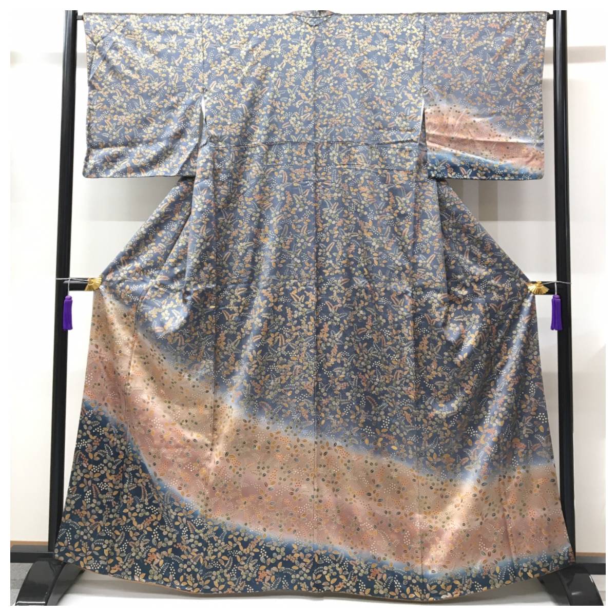 美品　訪問着　正絹　裄66　身丈162　グレー　袷　紋無　花模様