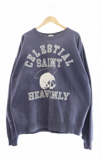SAINT MICHAEL セントマイケル 21AW SWT SHIRT_SKULL USED加工 スカル プリント スウェット トレーナー SM-A21-0000-027 XL 紺 ネイビー 23