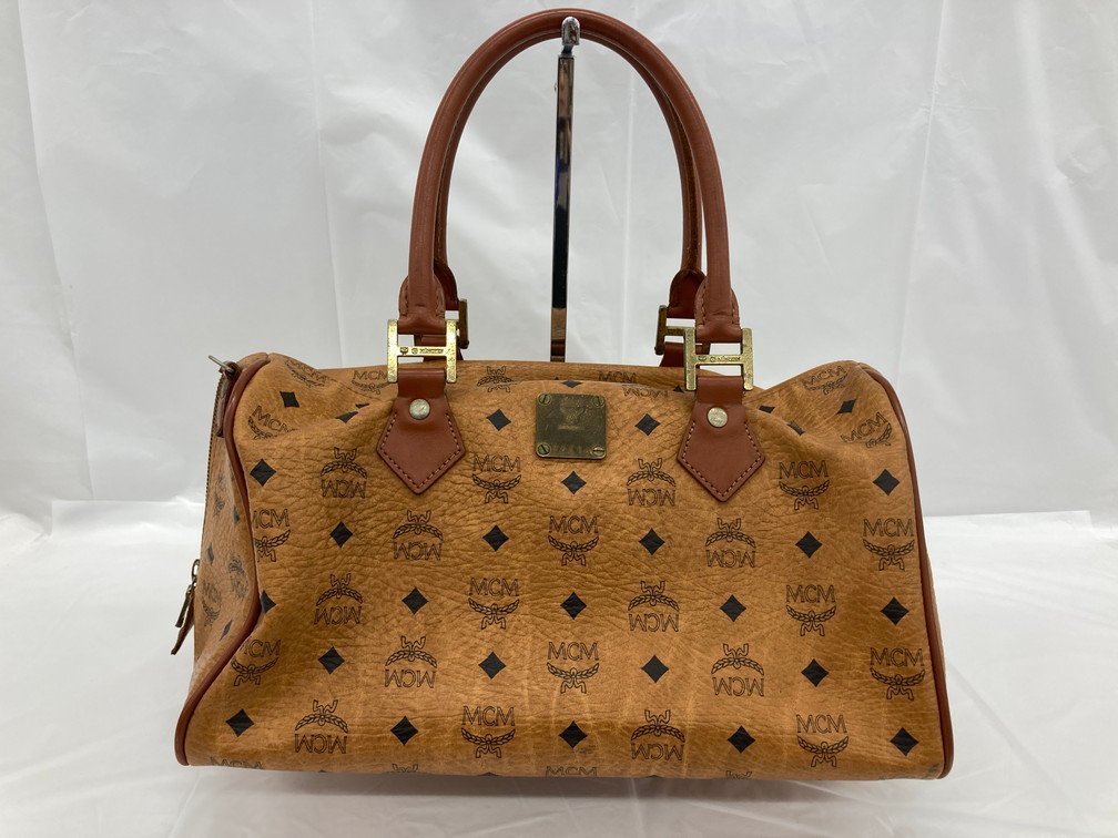 MCMロゴ入りブラウンレザー ボストンバッグ ハンドバッグ MCM エムシー