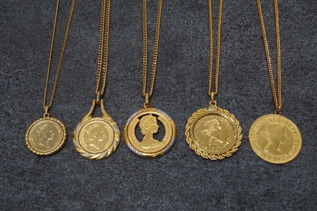 B875 コイントップ エリザベスなど レプリカ ヴィンテージ ネックレス ペンダント 5点 アクセサリー 大量 まとめて おまとめ まとめ売り