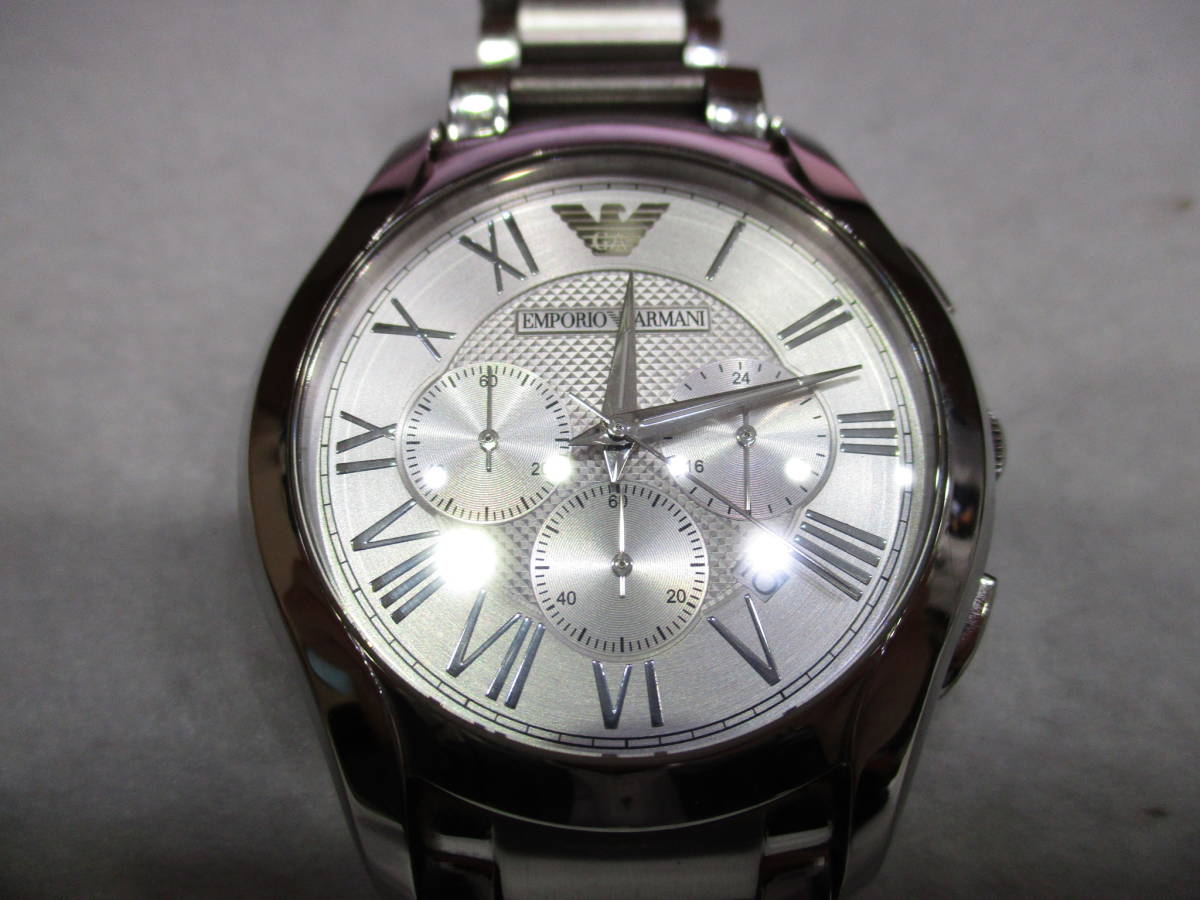 ★稼働 EMPORIO ARMANI エンポリオ・アルマーニ VALENTE クロノグラフ デイト AR-11081 クォーツ シルバー文字盤 メンズ used品