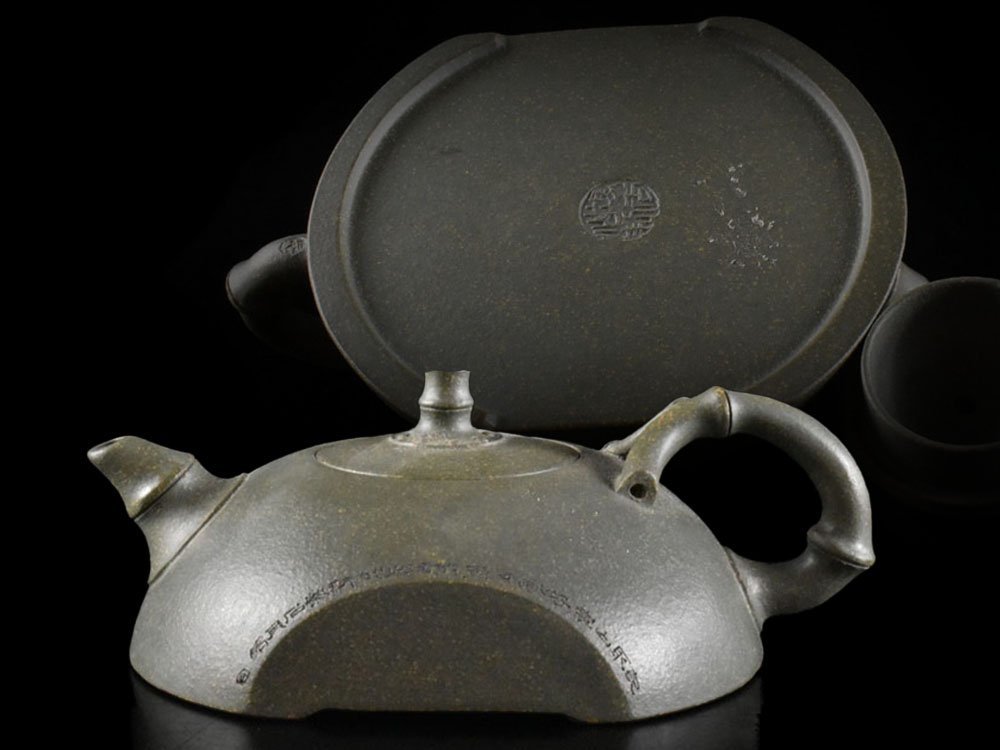 雲】某名家収蔵品 中国 緑泥竹彫刻急須 高さ4.2cm 在銘