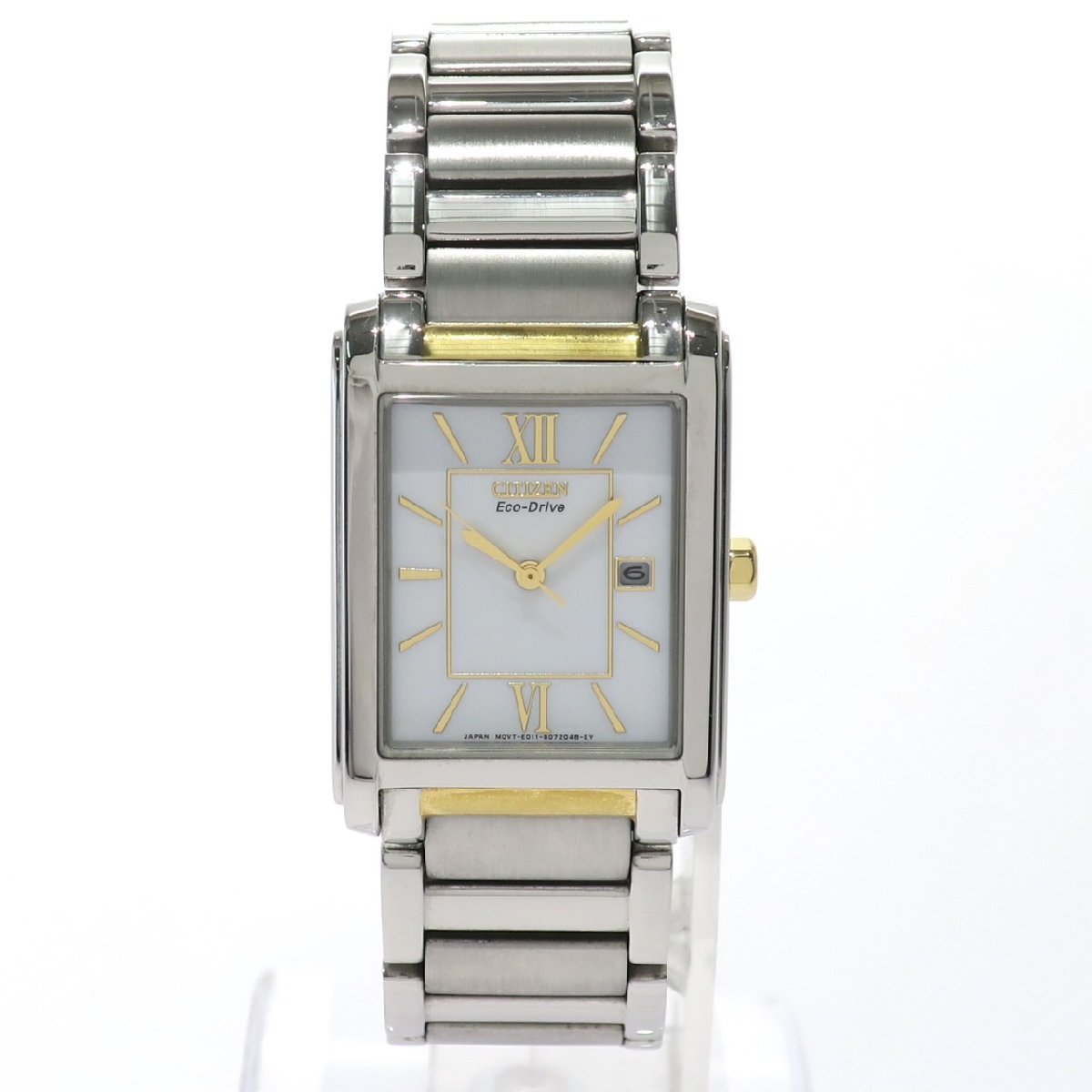 1円スタート 稼動品 CITIZEN シチズン Eco-Drive エコドライブ E011-S045193 デイト ソーラー スクエア シルバー 白文字盤 メンズ 腕時計