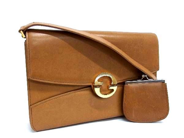 1円 GUCCI グッチ オールドグッチ ヴィンテージ レザー 小銭入れ付き ショルダーバッグ クロスボディ レディース ブラウン系 AU2606