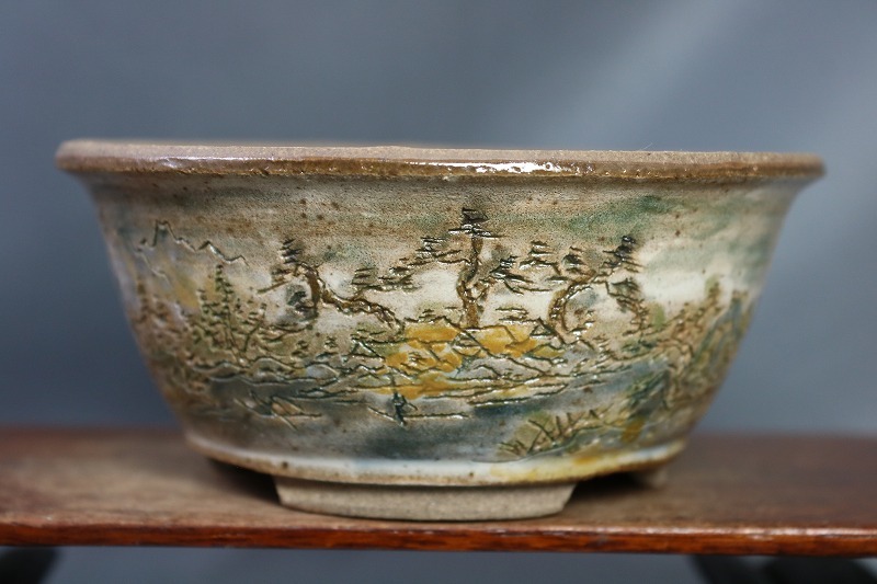 陶翆庵 盆栽鉢【 陶 翠 】 「彩色釘彫渓河山水呉老絵図 」 「