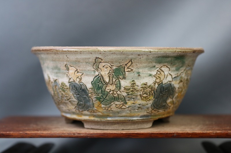陶翆庵 盆栽鉢【 陶 翠 】 「彩色釘彫渓河山水呉老絵図 」 「