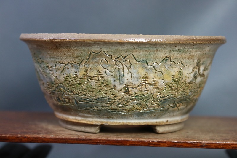 陶翆庵 盆栽鉢【 陶 翠 】 「彩色釘彫渓河山水呉老絵図 」 「