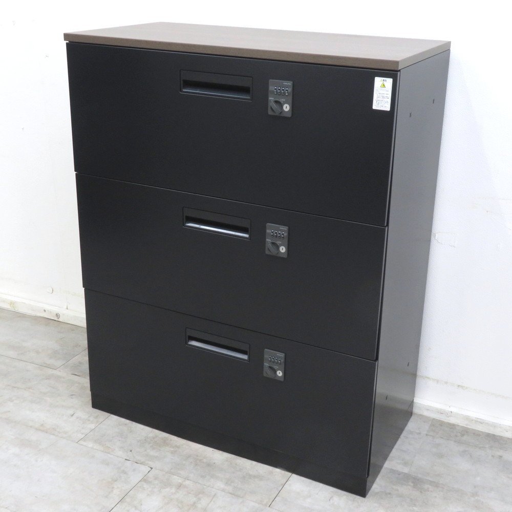 美品 KOKUYO コクヨ EDIA エディア 3段ラテラル ブラック ラテラル書庫 木目調 ダイヤル錠 A4ファイル 引き出し YH11575 中古オフィス家具