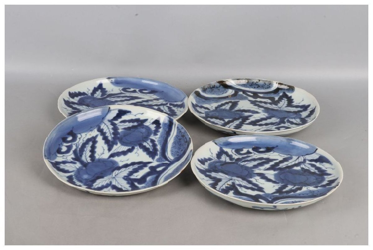 [URA]中国古玩/南京染付花草文皿4客/5-11-116 (検索)骨董/料亭/小鉢/割烹/和食/飾物/置物/懐石/向付/唐物