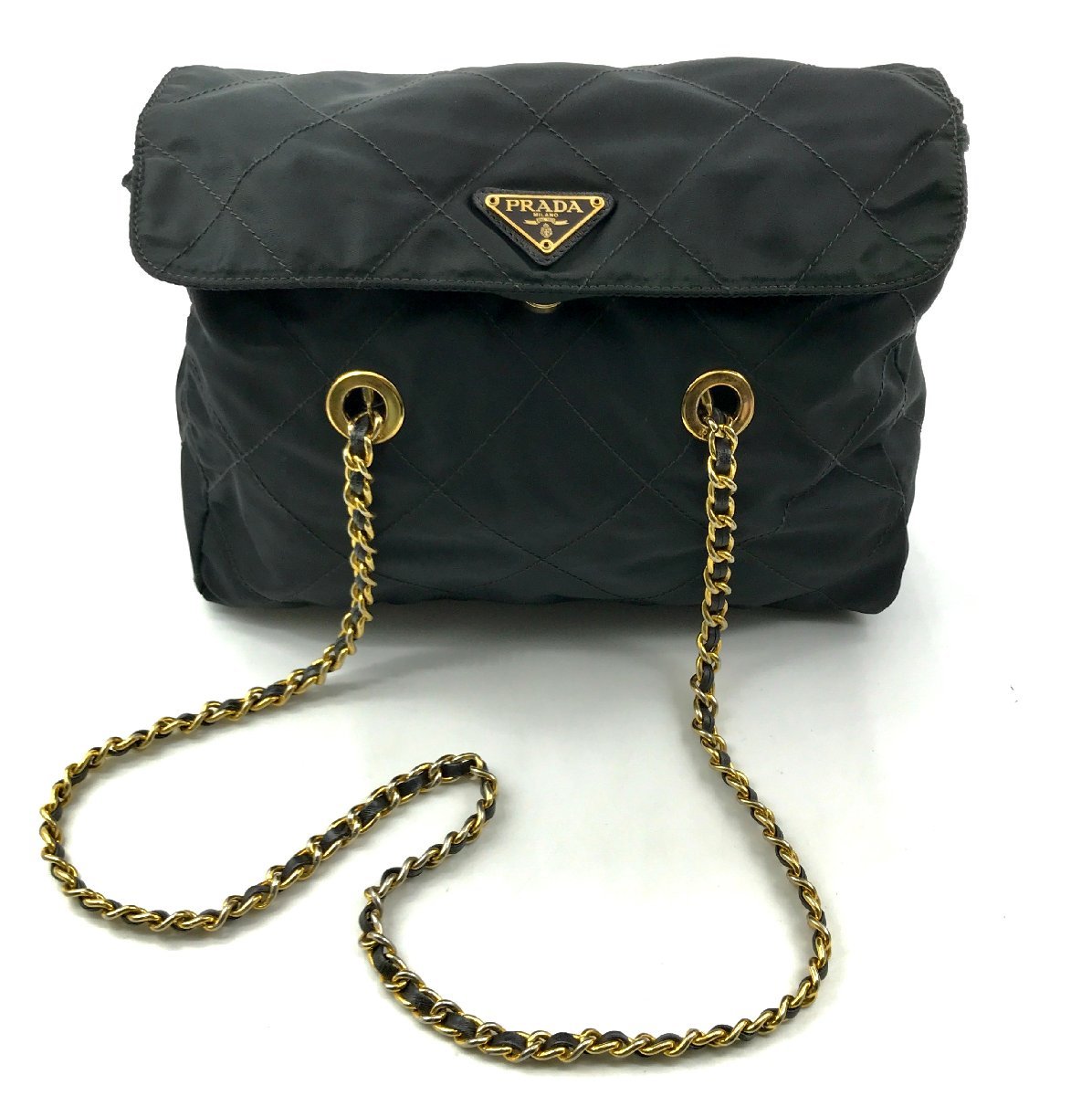 1円 PRADA プラダ ナイロン ロゴプレート チェーン トート ショルダー