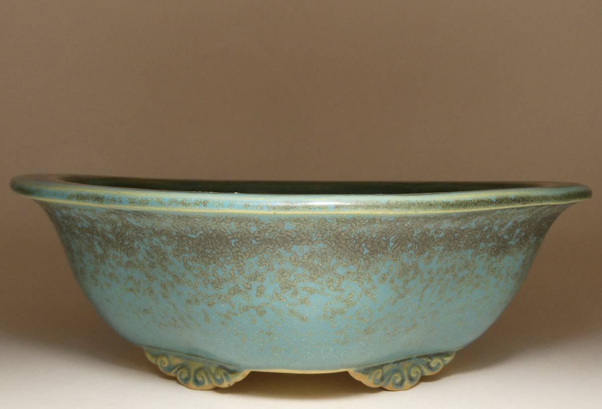 ○耀山窯 英明 萬園選 特注品 緑釉結晶外縁雲脚木瓜鉢 20×17.2×6.6cm