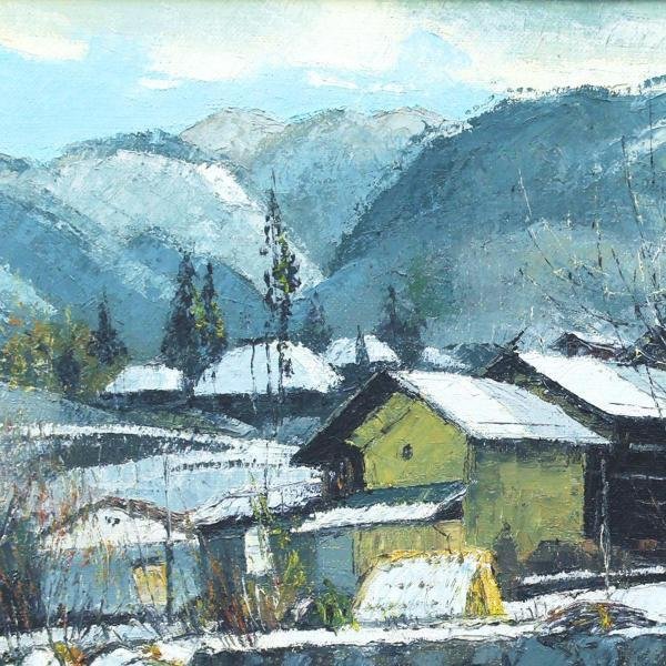 真作】【WISH】向山僚一「諏訪の村」油彩 4号 民家風景 〇紺綬褒章