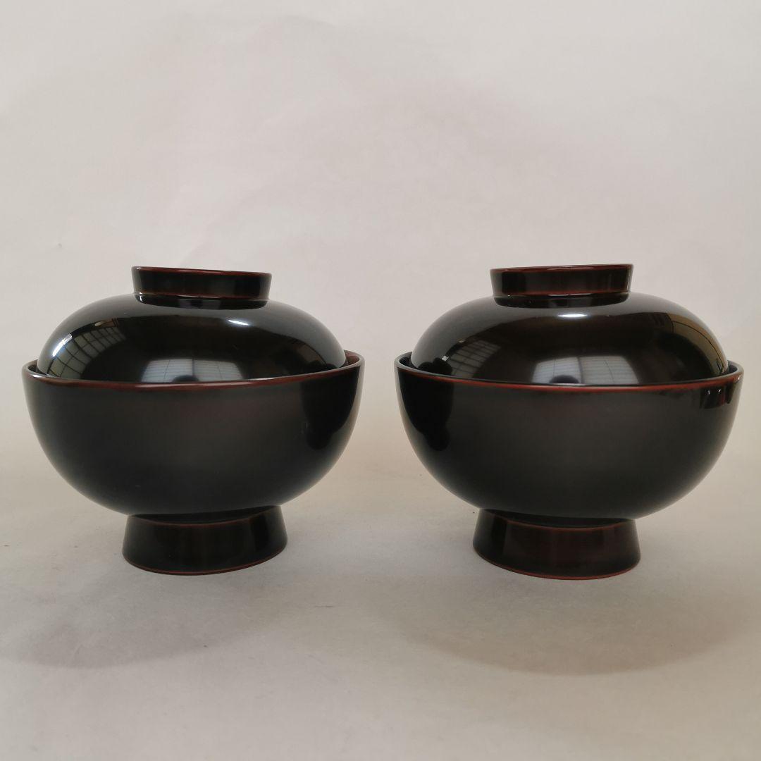 蓋付椀 黒と赤の塗り 金の菊紋入り 夫婦吸物椀 雑煮椀 美品