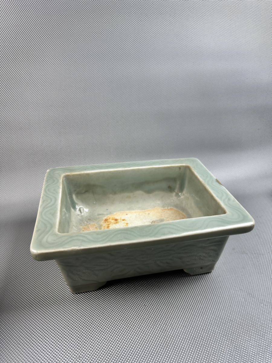 辰】565 花卉紋青磁盆栽鉢 植木鉢 園芸 時代 古 青磁 盆栽鉢 盆栽 本棚・