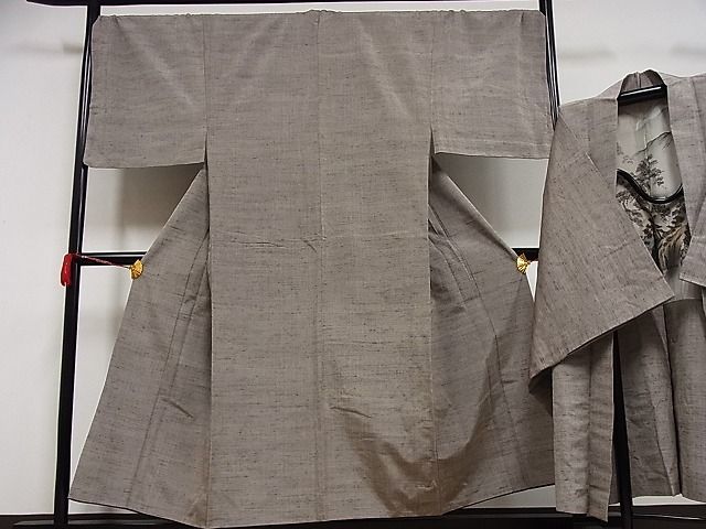 平和屋-こころ店□男性 紬 アンサンブル 色無地 茶鼠色 正絹 逸品 B-