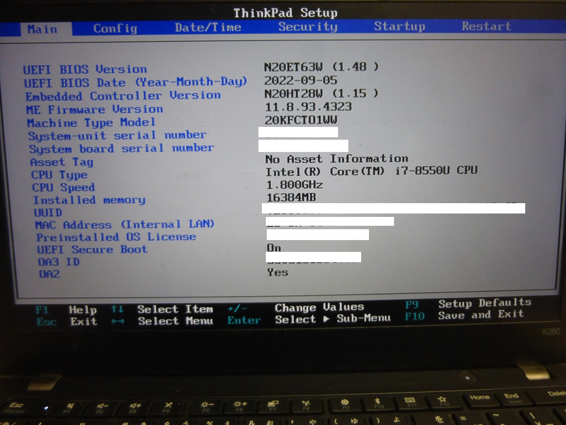 ◇ジャンク品◇ Lenovo ThinkPad X280 Core i7 8550U @1.8GHz/メモリ
