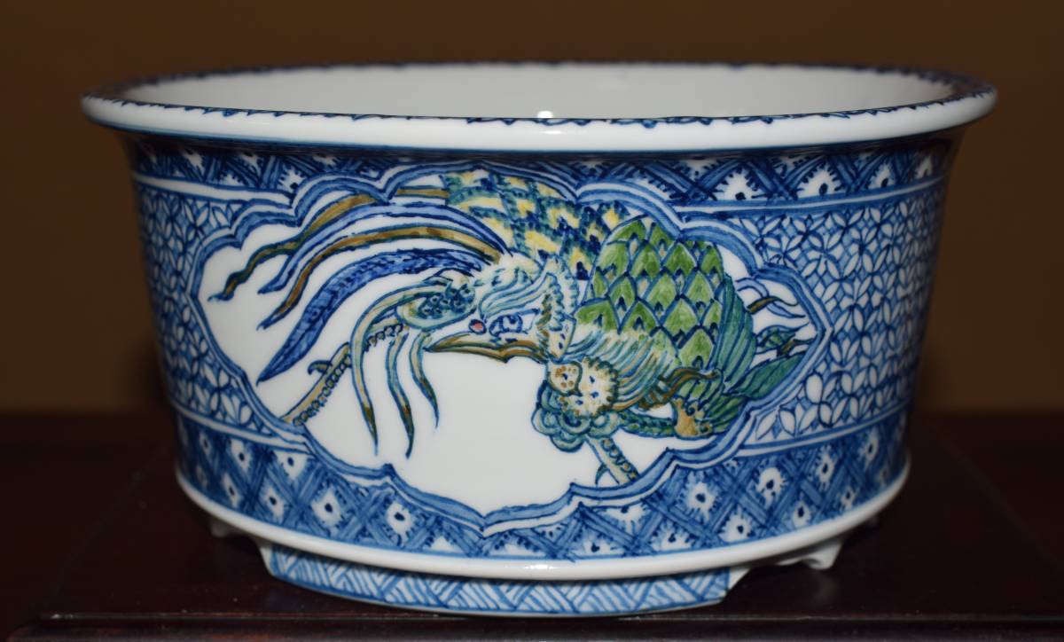 人気絵鉢作家＜初代祥石・色絵龍図、鳳凰図、獅子図・発色抜群・繊細画