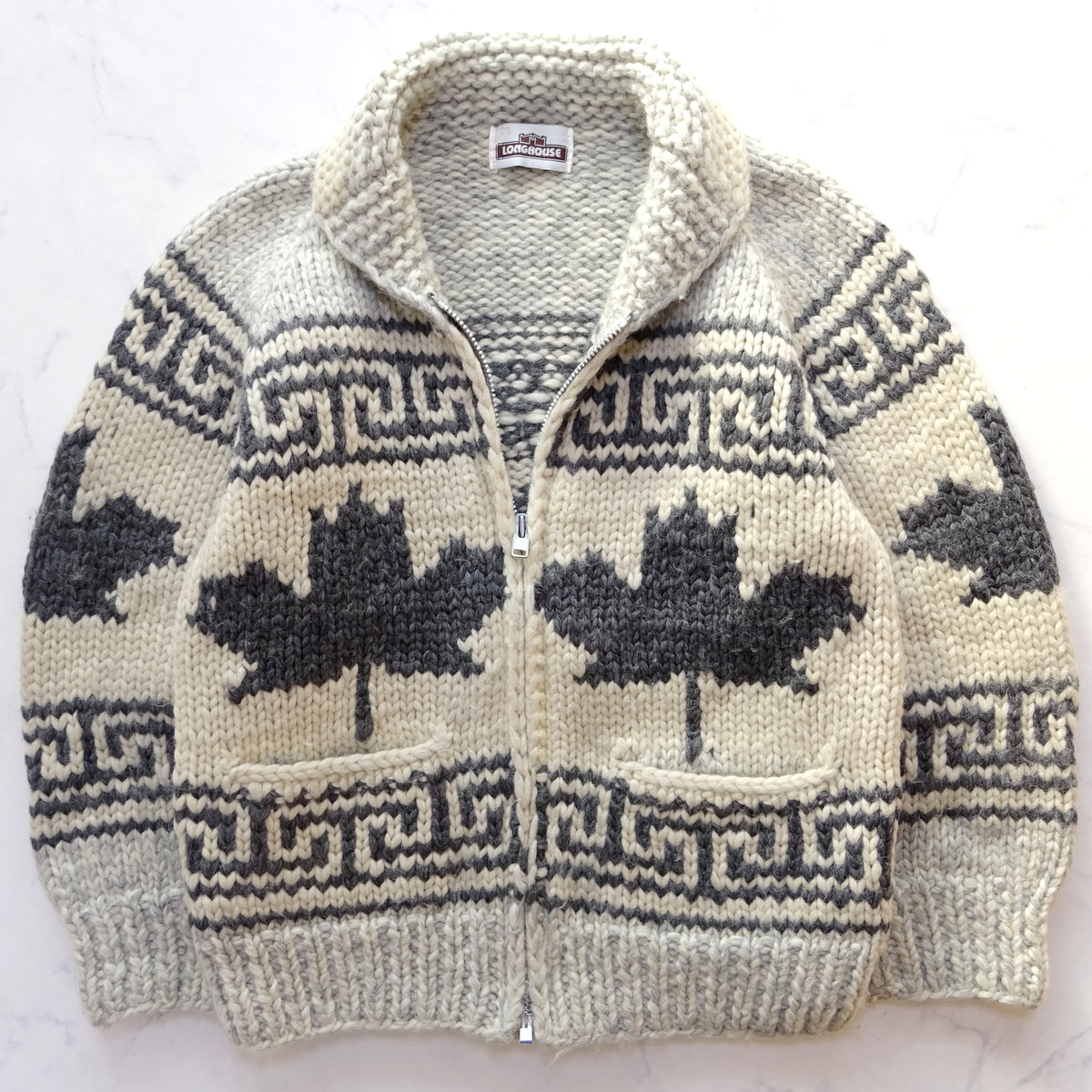 カナダ製 LONG HOUSE COWICHAN SWEATER ロングハウス カウチンセーター メープルリーフ size 38 MADE IN CANADA