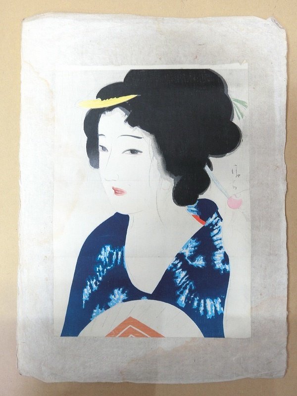 A3927 鏑木清方 美人画 夏衣 木版画 戦前