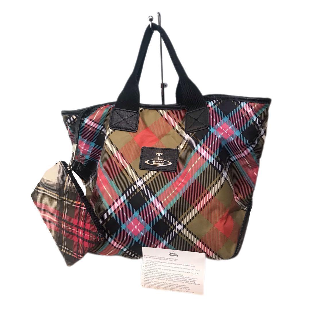 1円 vivienne westwood ヴィヴィアンウエストウッド ハンドバッグ トート 肩掛け チェック柄 ナイロン レザー シルバーオーブ