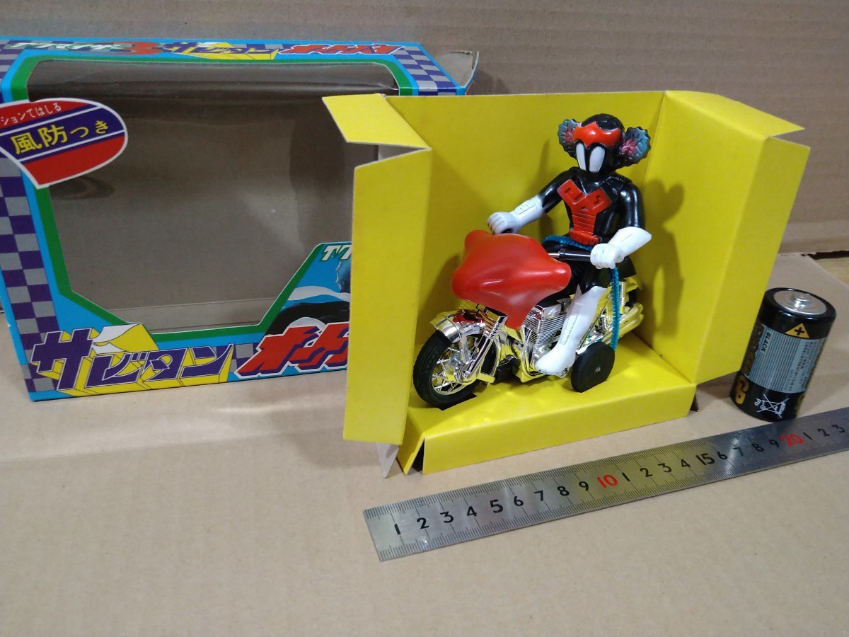 70年代放送当時物　アクマイザー3「ザビタンオートバイ」タカトク＆ブルマーク製　ソフビ人形バイクプラ製　新品箱付、フリクション走行。