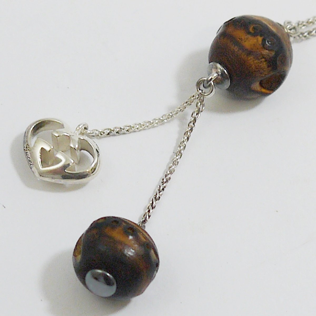 ★USED品 GUCCI【グッチ ウッド×シルバー チェーン ペンダント ネックレス アクセサリー】