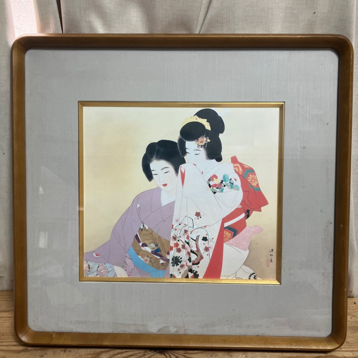 No3885額装 在銘 指水 美人画 燕柄着物 肉筆絹本 日本画 絵画