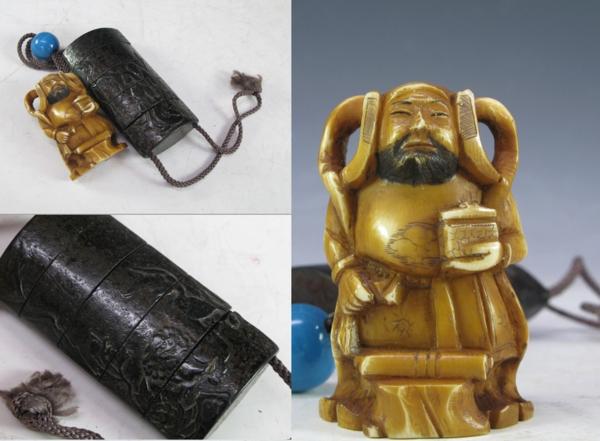 【帝】毘沙門天 根付 時代物 印籠 古美術 獅子図 東洋彫刻