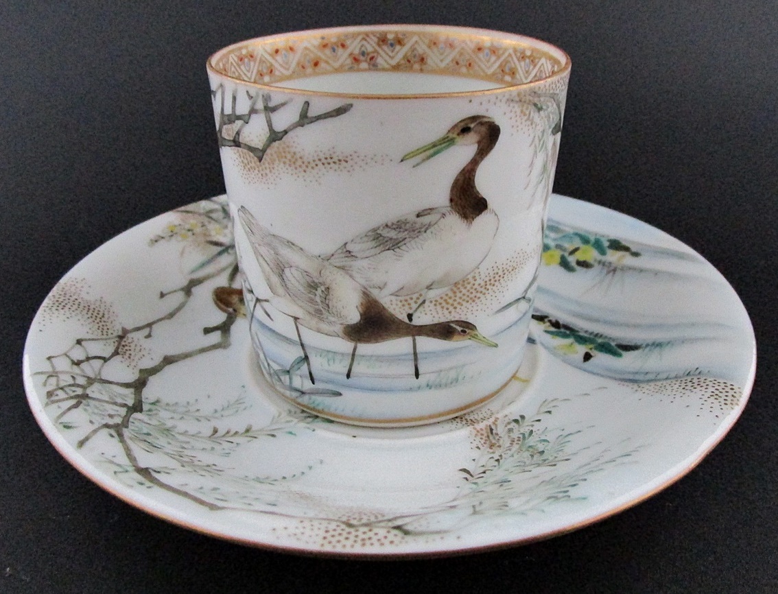 明治輸出 【大日本 幹山製】2羽の鳥絵 デミカップ＆ソーサー(湯呑み