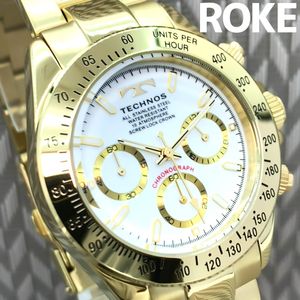 稼働品 TECHNOS テクノスプレミアゴールドグリーンクオーツ 腕時計