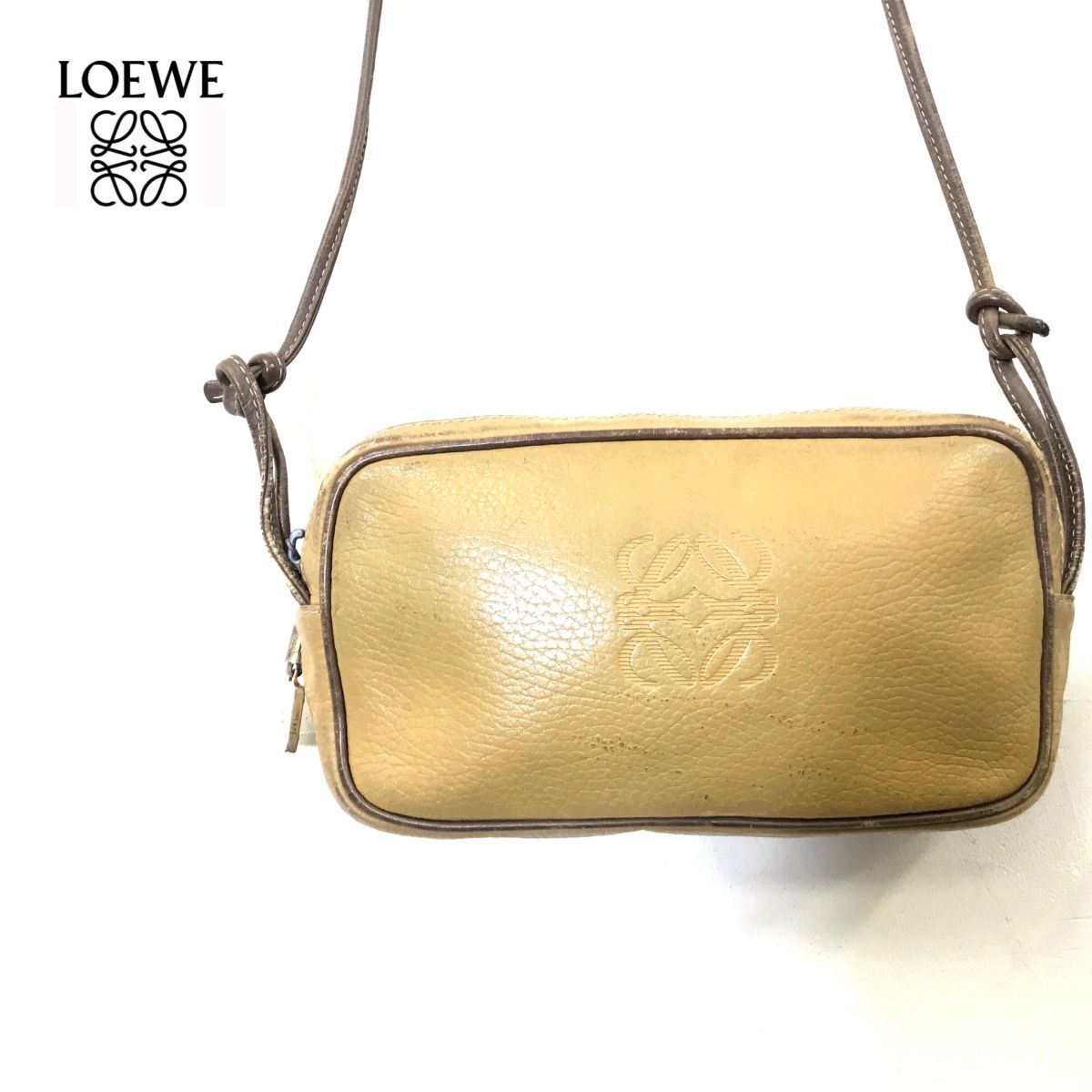 F2526-N old LOEWE ロエベ ショルダーバッグ 鞄 ロゴ レディース ジップ開閉 イエロー マスタード レザー(ショルダー ...
