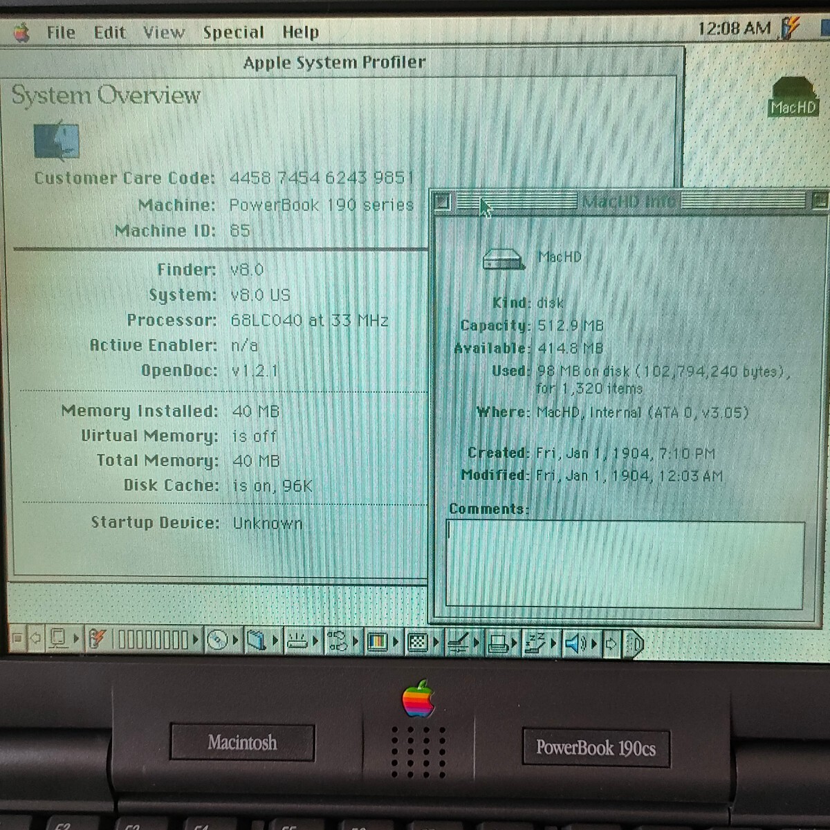 Apple PowerBook 190cs / M3047/33MHz 40MB 512MB MacOS8.0(英語) [詳細未確認] 起動OK /Old Mac /ACアダプター付属_10