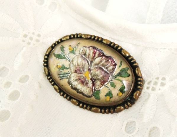 英国 アンティーク　リバースインタリオ　パンジー 菫　ブローチ