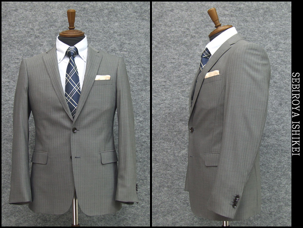 ☆訳あり絹混/春夏物★スリム２釦スーツ/薄グレー縞PS8143 ★Y 7