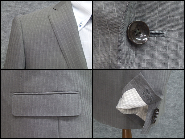 ☆訳あり絹混/春夏物★スリム２釦スーツ/薄グレー縞PS8143 ★Y 7