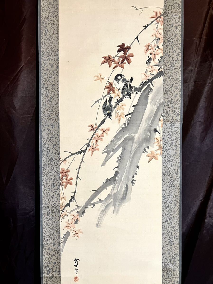 真作] [S8] 島寛泉「紅葉小禽図」絹本 肉筆 秋景 花鳥図 鳥獣 絵画