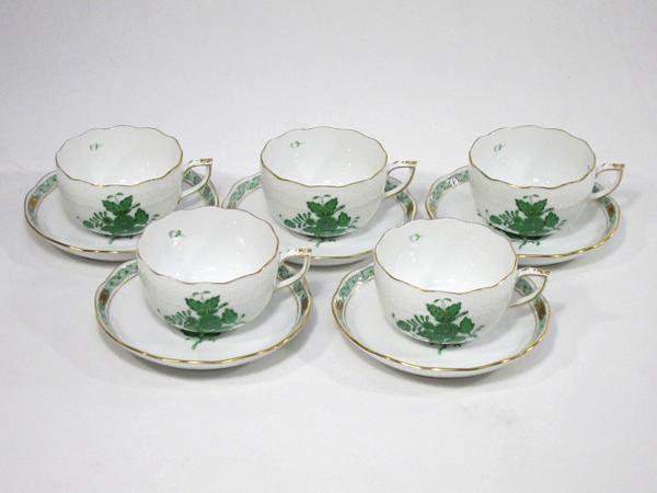 Z446　F ヘレンド アポニー グリーン カップ&ソーサー 5客