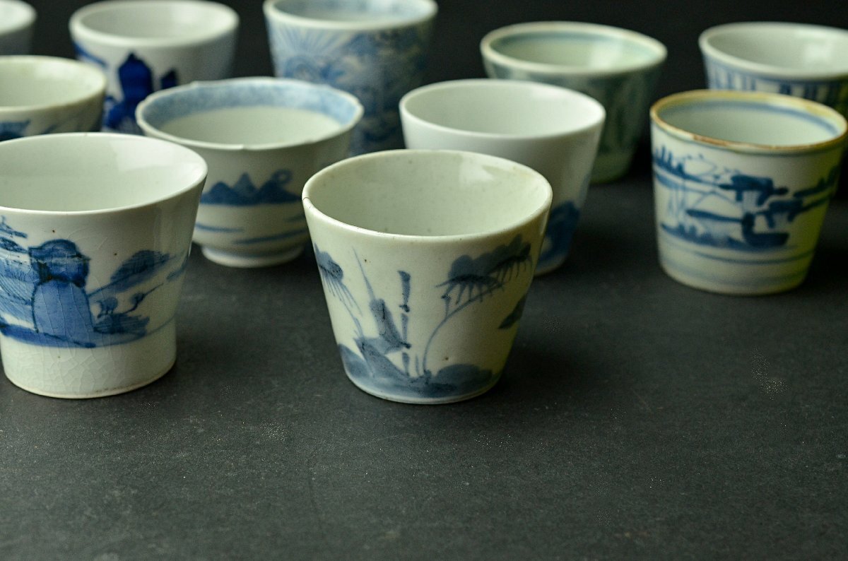 江戸　昭和レトロ　古い美術品　年代不明　お猪口　2客 YB】江戸時代 古伊万里蕎麦猪口十二客(山水図・花草文・網目文)☆日本