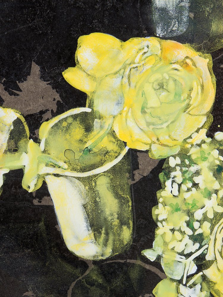 五】真作 大竹寛子 『卓上の黄色い薔薇』 日本画 彩色 4号 共シール