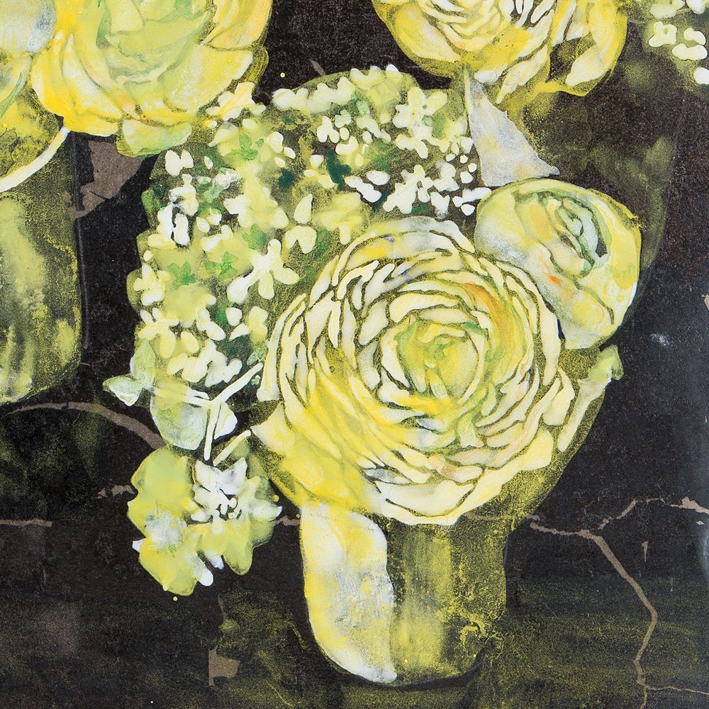 五】真作 大竹寛子 『卓上の黄色い薔薇』 日本画 彩色 4号 共シール