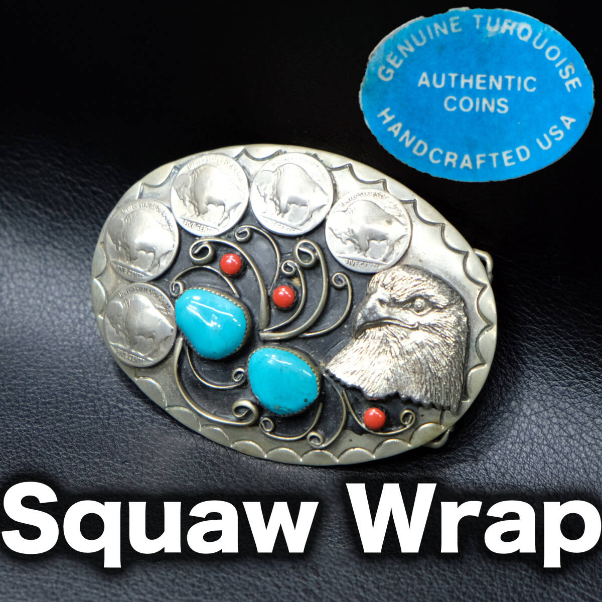 Squaw Wrap オーバルバックル ターコイズ/赤珊瑚/5セントコイン 