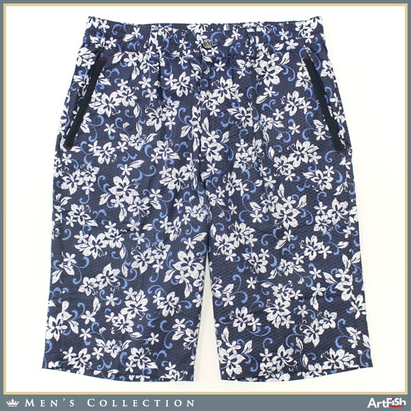 CAPRI【伊】紺系花柄プリントサッカー地 ゴム短パンツg276*s48新