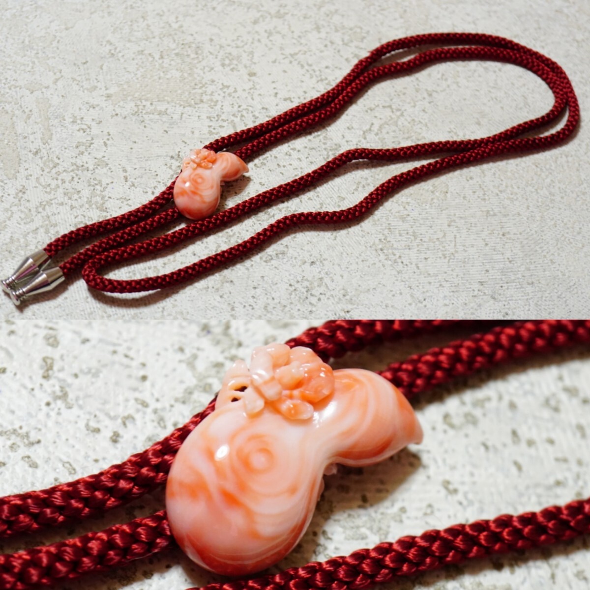 154 天然珊瑚 彫刻 ループタイ ネックレス ヴィンテージ アクセサリー